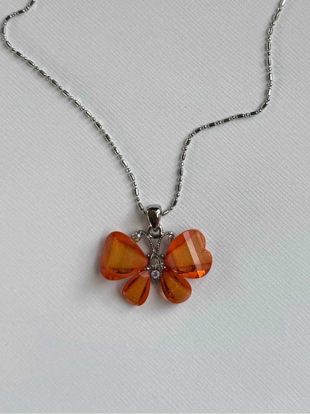 Orange Crystal Butterfly Pendant Necklace – Silver Tone Chain Sparkly Statement